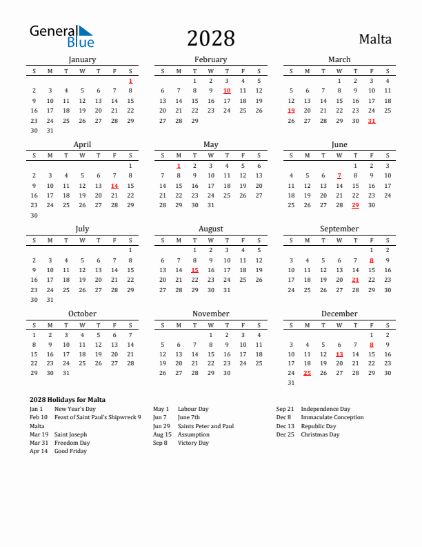 Malta Holidays Calendar for 2028