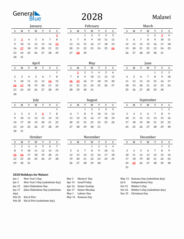 Malawi Holidays Calendar for 2028