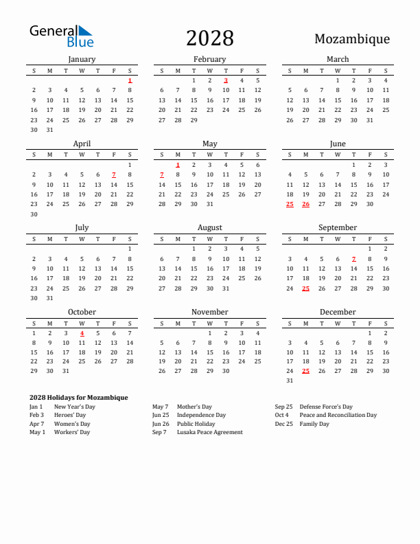 Mozambique Holidays Calendar for 2028