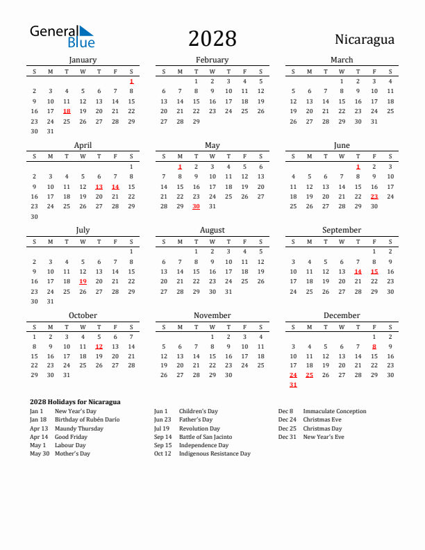 Nicaragua Holidays Calendar for 2028