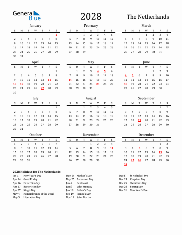 The Netherlands Holidays Calendar for 2028