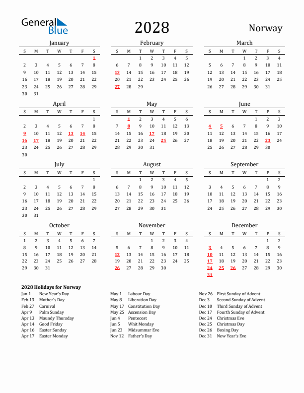 Norway Holidays Calendar for 2028