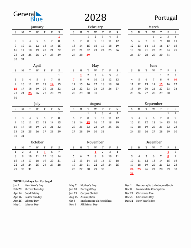 Portugal Holidays Calendar for 2028