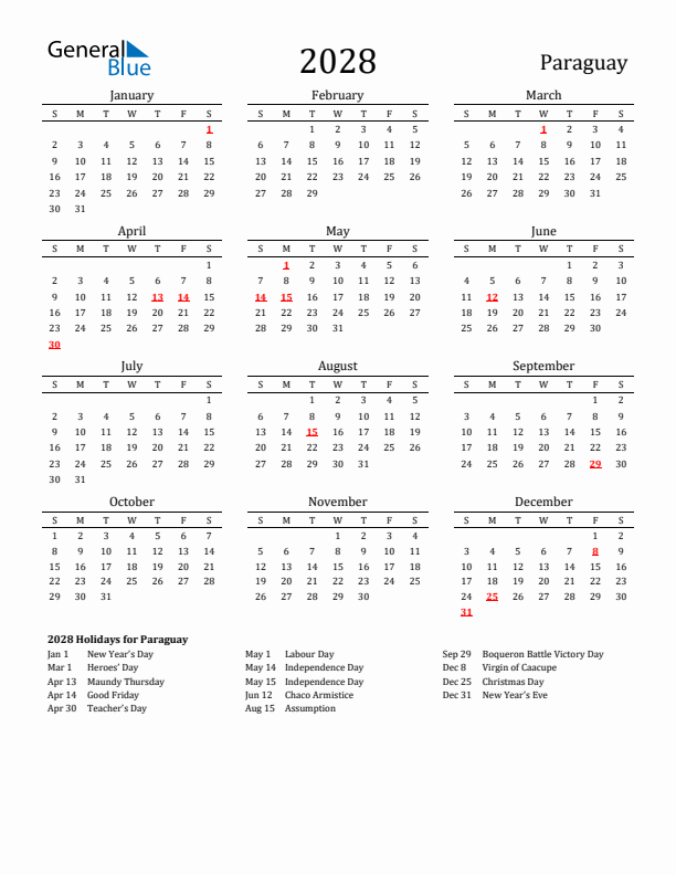 Paraguay Holidays Calendar for 2028