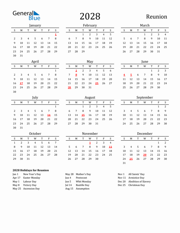 Reunion Holidays Calendar for 2028