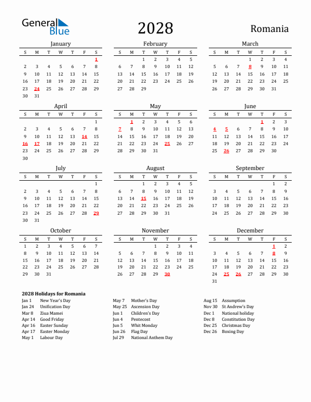 Romania Holidays Calendar for 2028