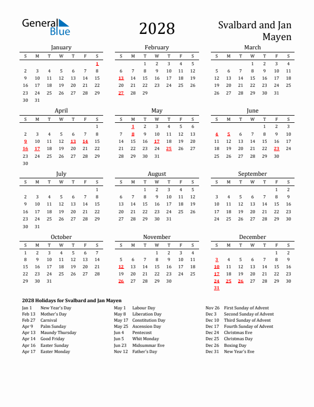 Svalbard and Jan Mayen Holidays Calendar for 2028