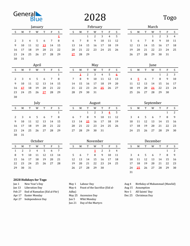 Togo Holidays Calendar for 2028