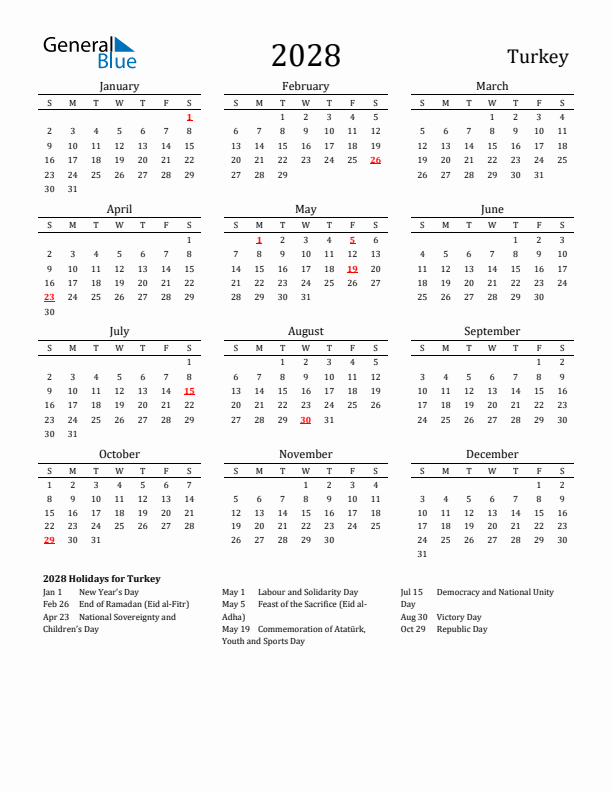 Turkey Holidays Calendar for 2028