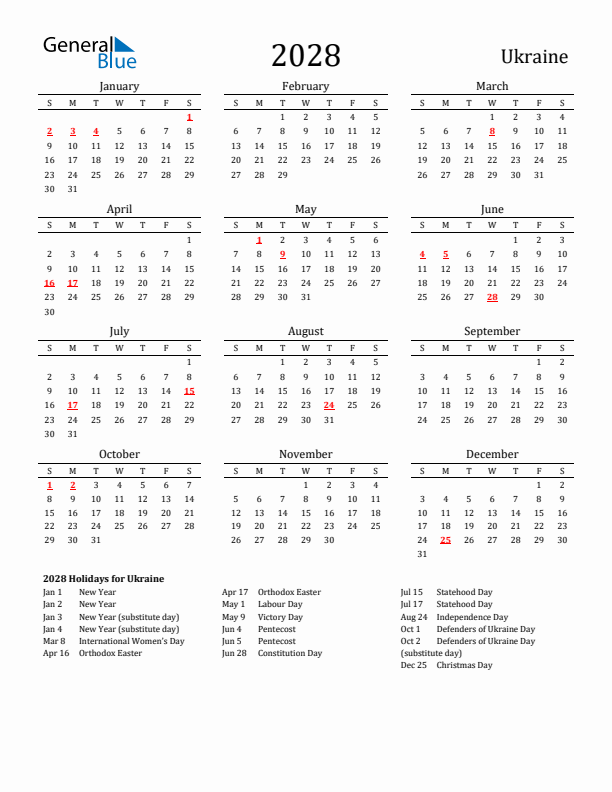 Ukraine Holidays Calendar for 2028