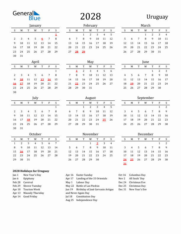 Uruguay Holidays Calendar for 2028