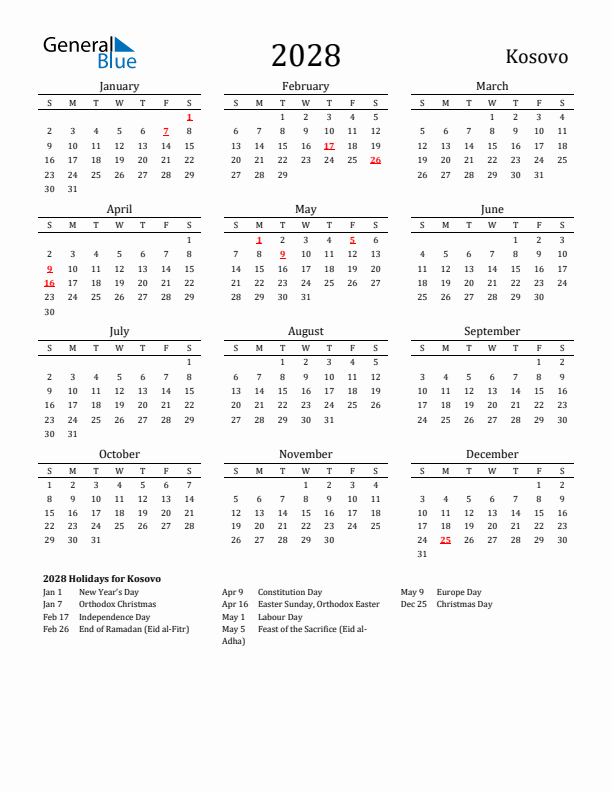 Kosovo Holidays Calendar for 2028