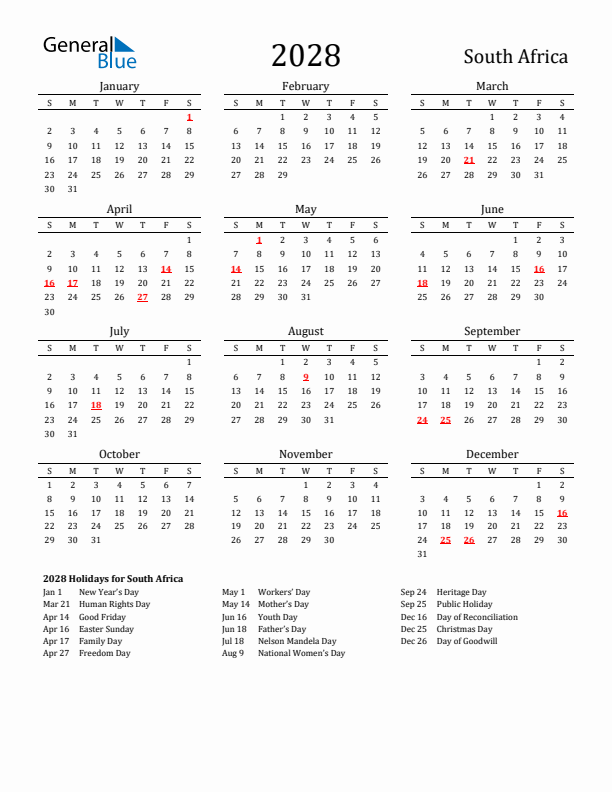 South Africa Holidays Calendar for 2028