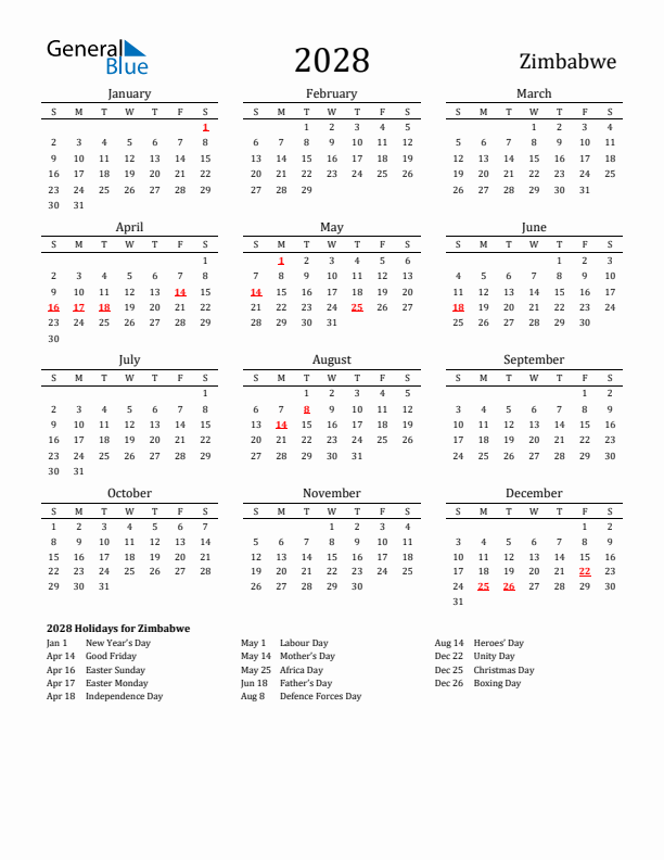 Zimbabwe Holidays Calendar for 2028