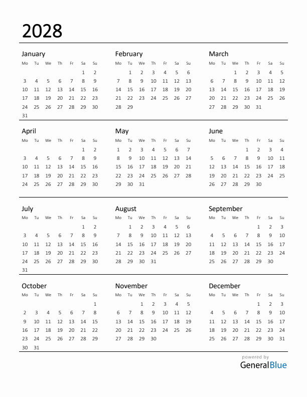 Printable Calendar for 2028