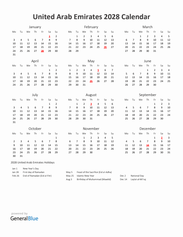 2028 Yearly Calendar Printable With United Arab Emirates Holidays