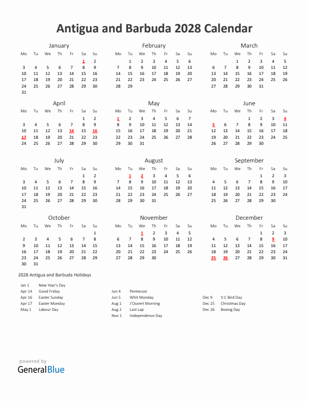 2028 Yearly Calendar Printable With Antigua and Barbuda Holidays