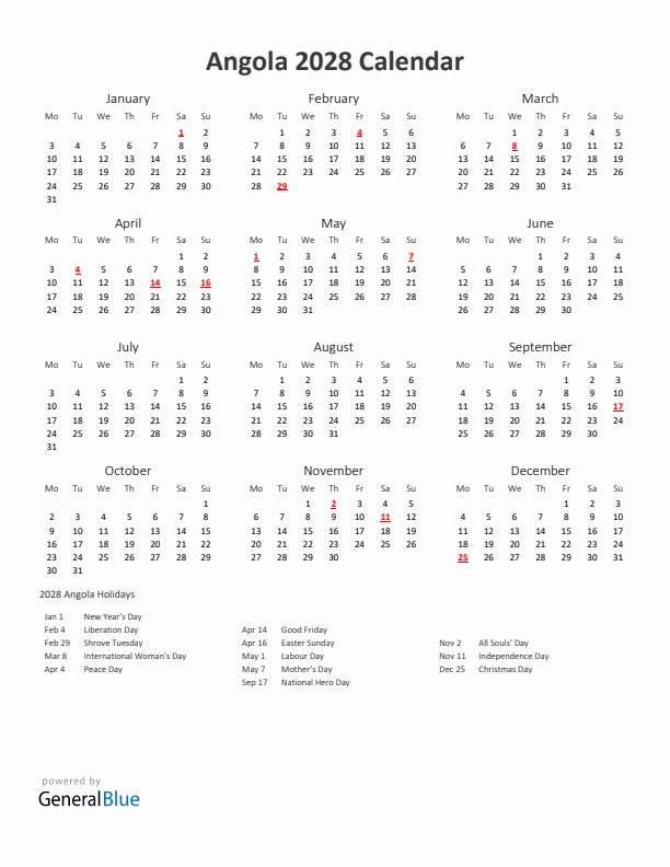 2028 Yearly Calendar Printable With Angola Holidays