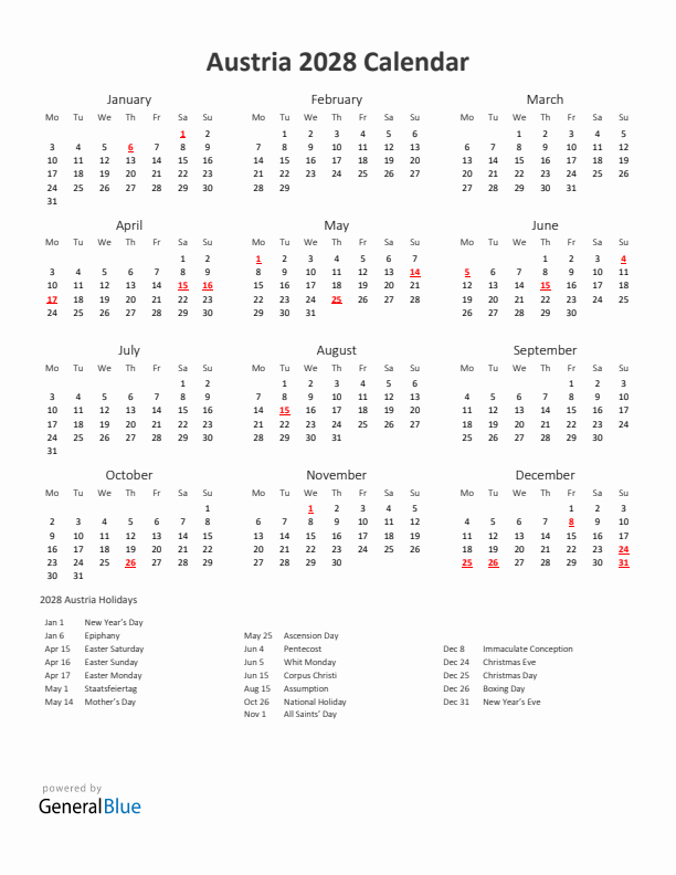 2028 Yearly Calendar Printable With Austria Holidays