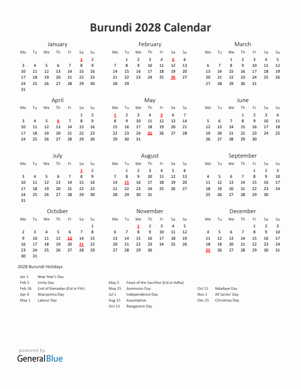 2028 Yearly Calendar Printable With Burundi Holidays