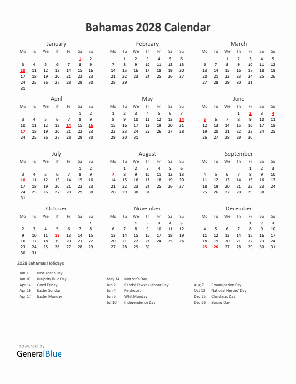 2028 Yearly Calendar Printable With Bahamas Holidays