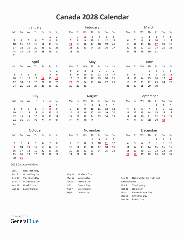 2028 Yearly Calendar Printable With Canada Holidays