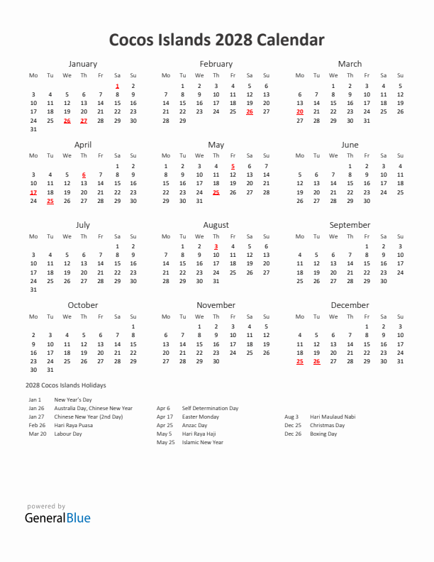 2028 Yearly Calendar Printable With Cocos Islands Holidays