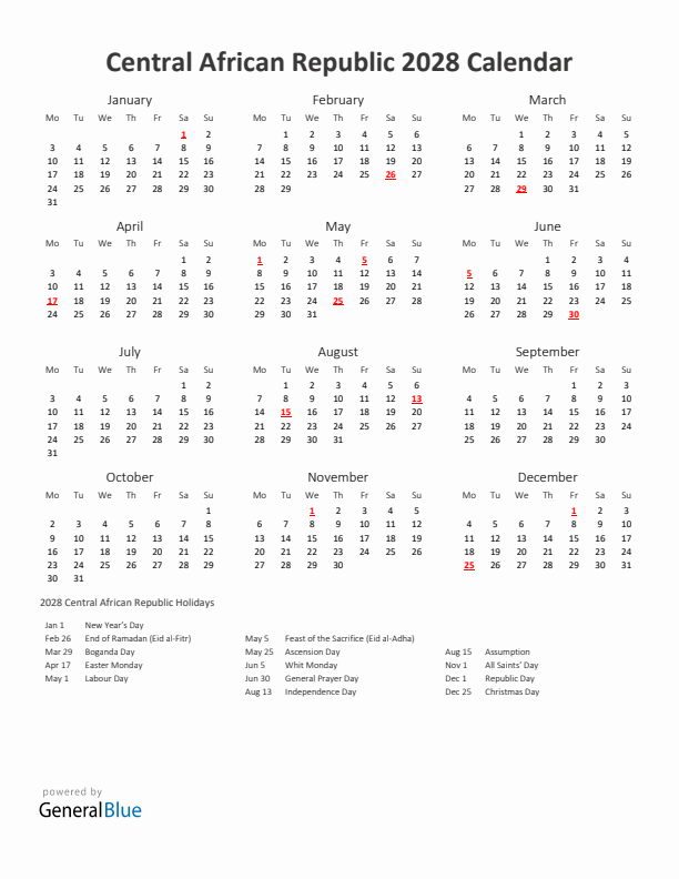 2028 Yearly Calendar Printable With Central African Republic Holidays