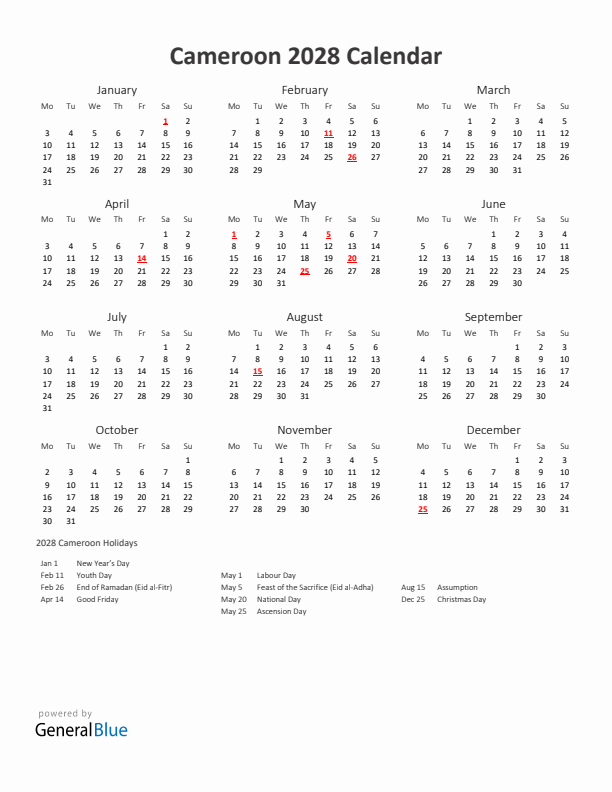 2028 Yearly Calendar Printable With Cameroon Holidays