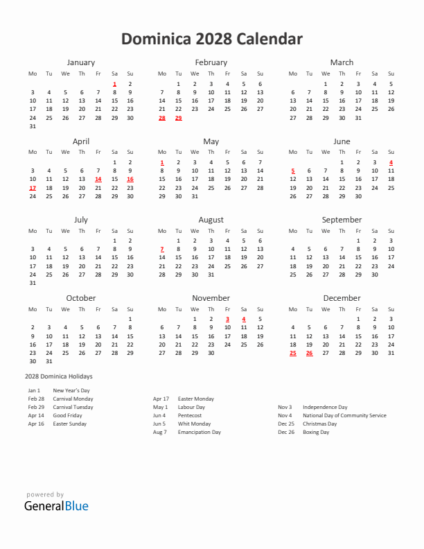 2028 Yearly Calendar Printable With Dominica Holidays