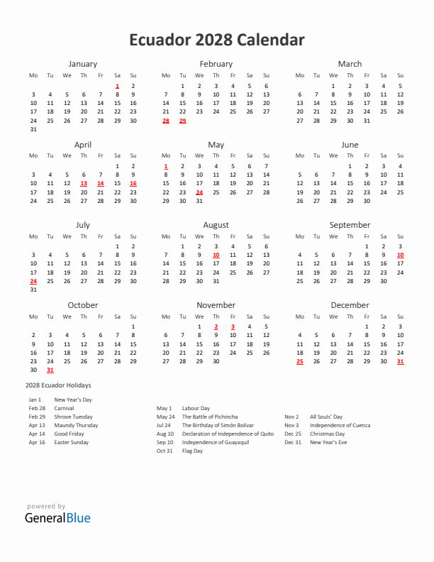 2028 Yearly Calendar Printable With Ecuador Holidays