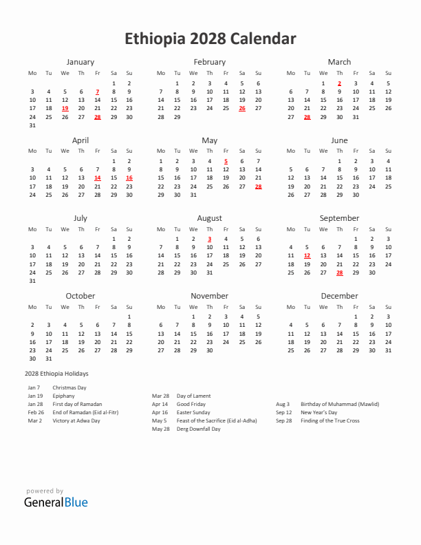 2028 Yearly Calendar Printable With Ethiopia Holidays