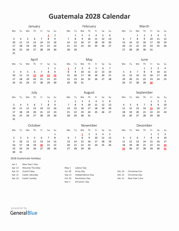 2028 Yearly Calendar Printable With Guatemala Holidays