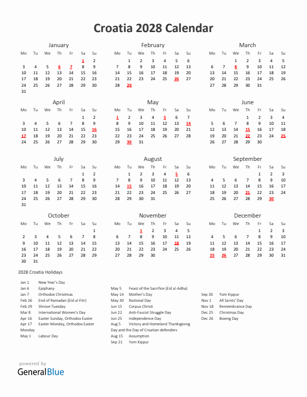 2028 Yearly Calendar Printable With Croatia Holidays