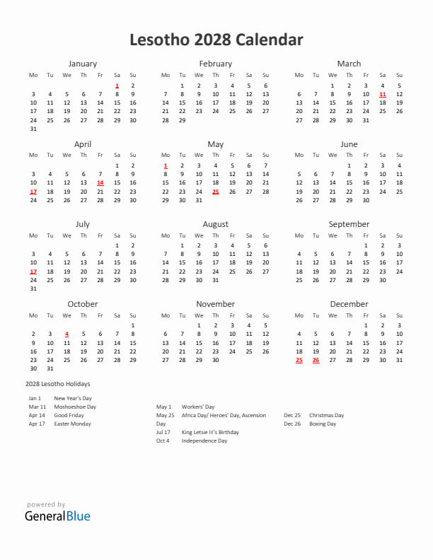 2028 Yearly Calendar Printable With Lesotho Holidays