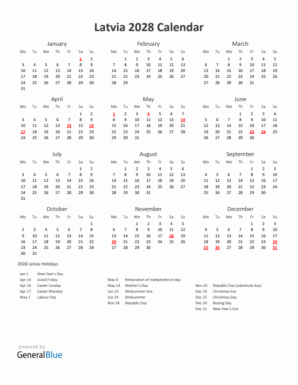 2028 Yearly Calendar Printable With Latvia Holidays