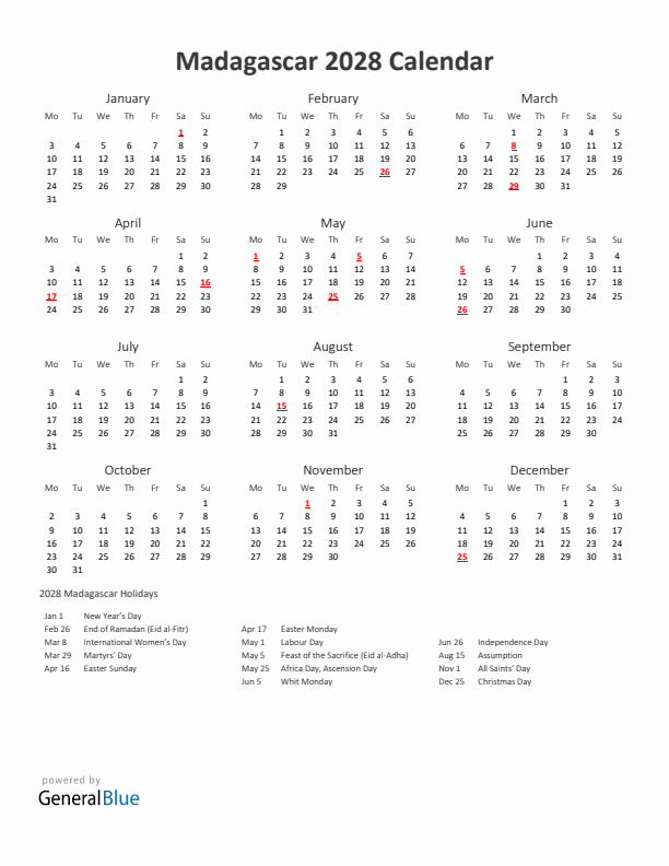 2028 Yearly Calendar Printable With Madagascar Holidays