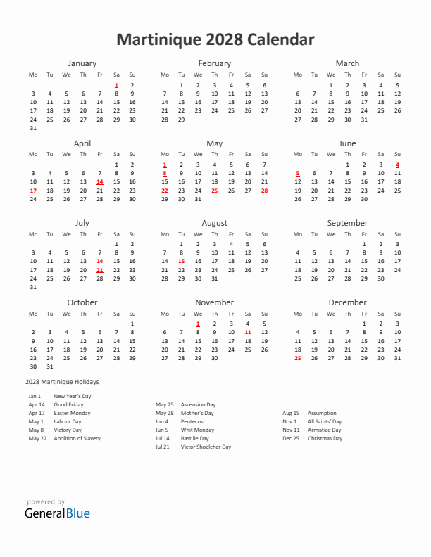 2028 Yearly Calendar Printable With Martinique Holidays