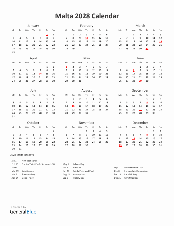 2028 Yearly Calendar Printable With Malta Holidays