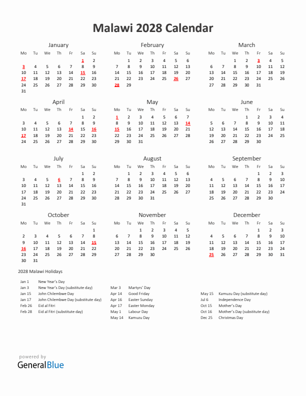 2028 Yearly Calendar Printable With Malawi Holidays