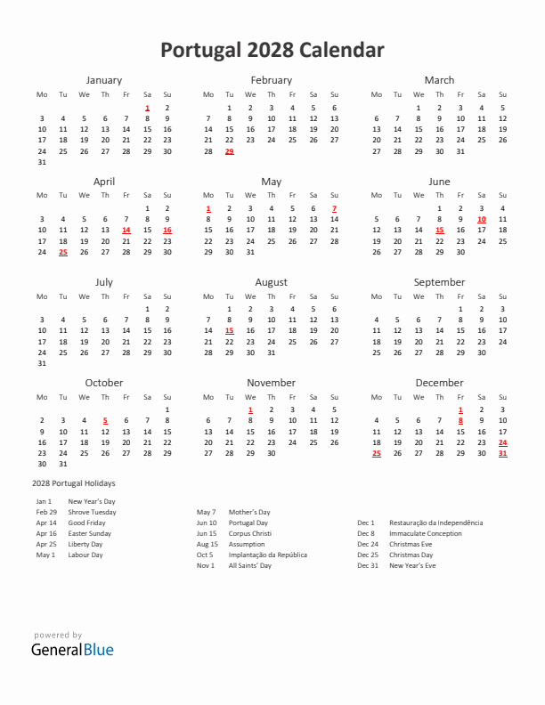 2028 Yearly Calendar Printable With Portugal Holidays