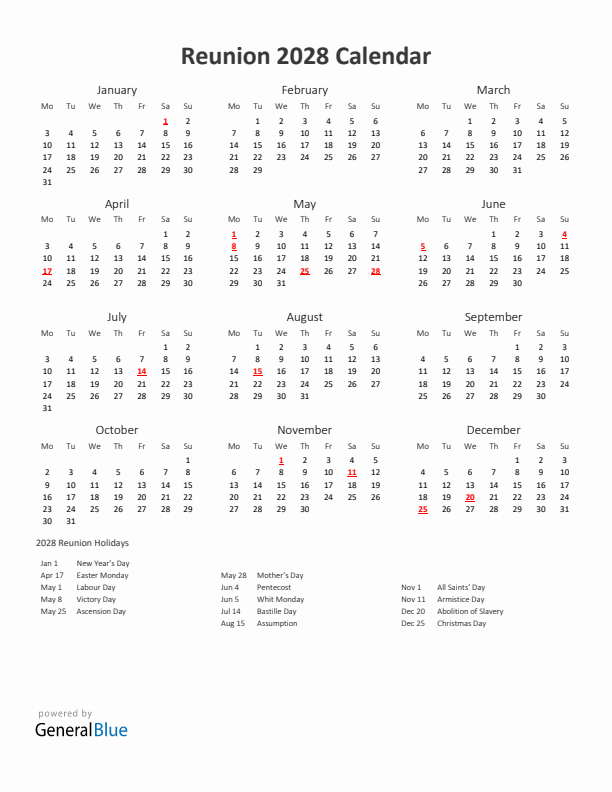 2028 Yearly Calendar Printable With Reunion Holidays