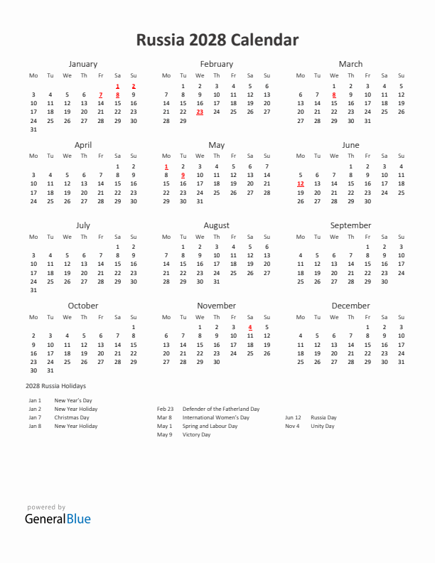 2028 Yearly Calendar Printable With Russia Holidays