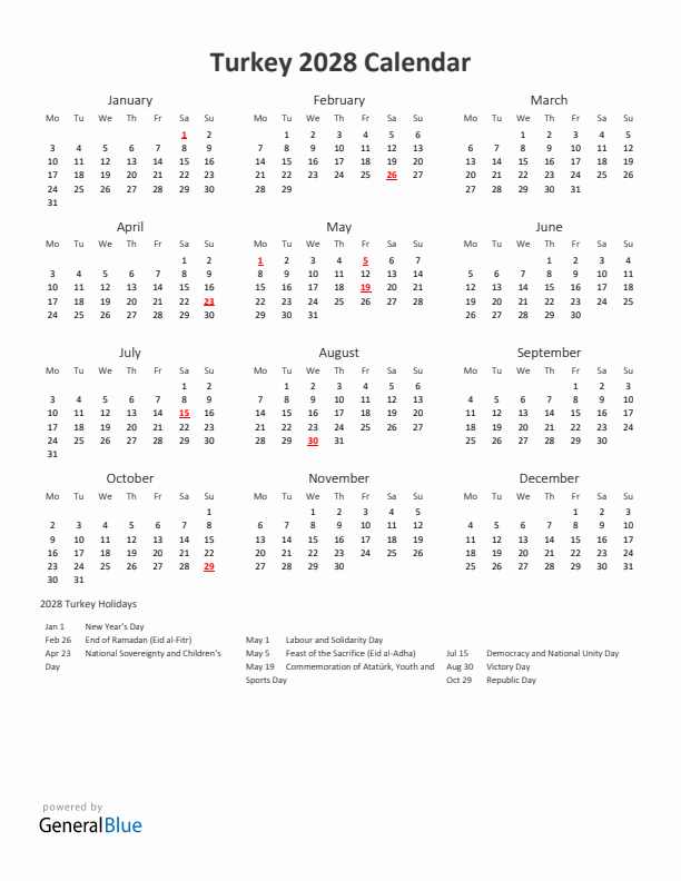 2028 Yearly Calendar Printable With Turkey Holidays