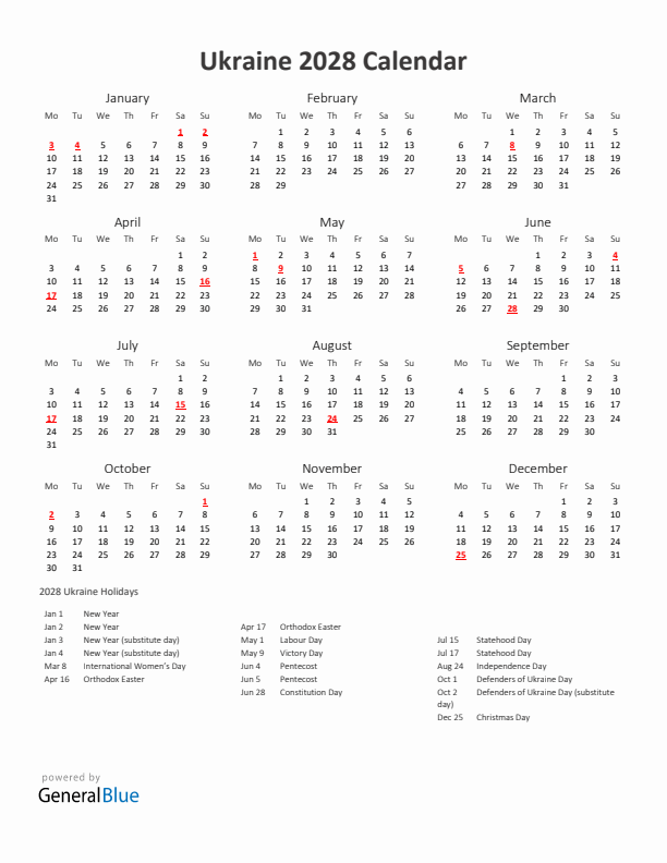 2028 Yearly Calendar Printable With Ukraine Holidays