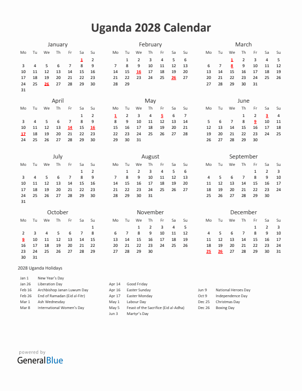 2028 Yearly Calendar Printable With Uganda Holidays