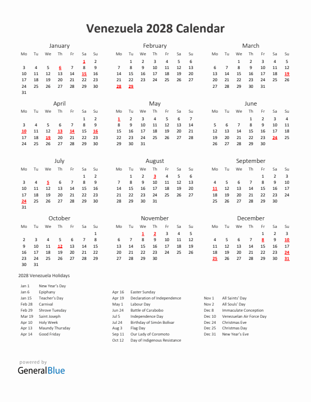 2028 Yearly Calendar Printable With Venezuela Holidays