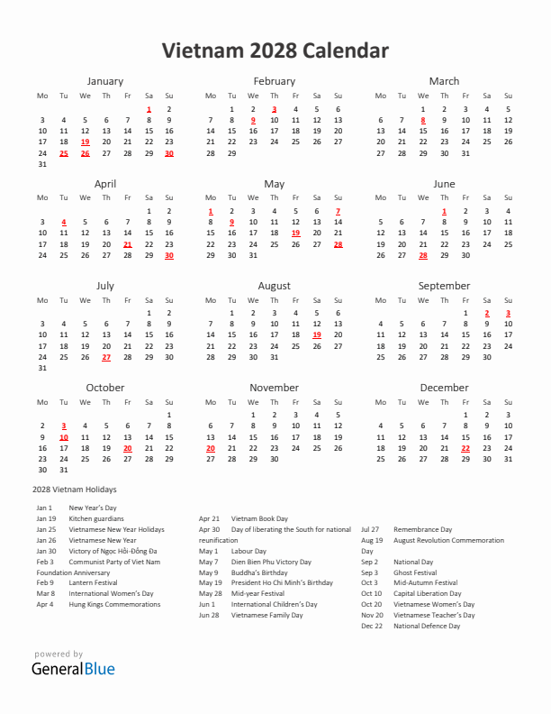 2028 Yearly Calendar Printable With Vietnam Holidays