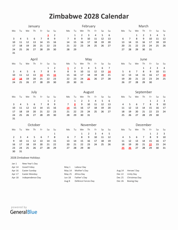 2028 Yearly Calendar Printable With Zimbabwe Holidays