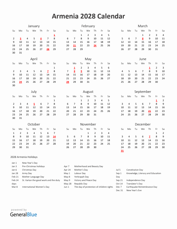 2028 Yearly Calendar Printable With Armenia Holidays